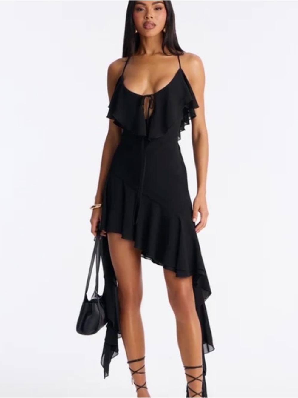 Fashion Nova Black Asymmetric Ruffle Slip Dress with Tie Front